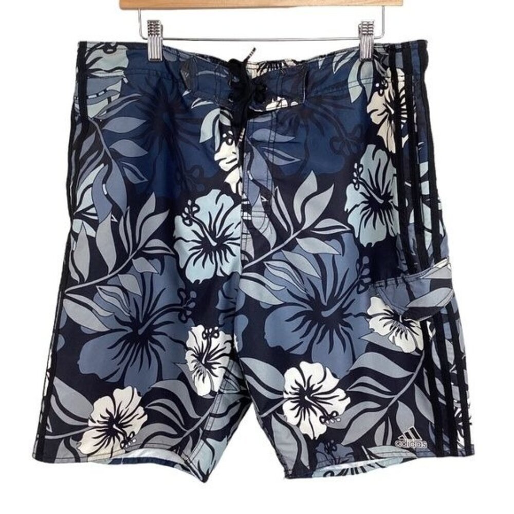 Adidas Men’s Swim‎ Trunks Size 36 XL Xlarge BLack Blue Floral Shorts QuicK Dry